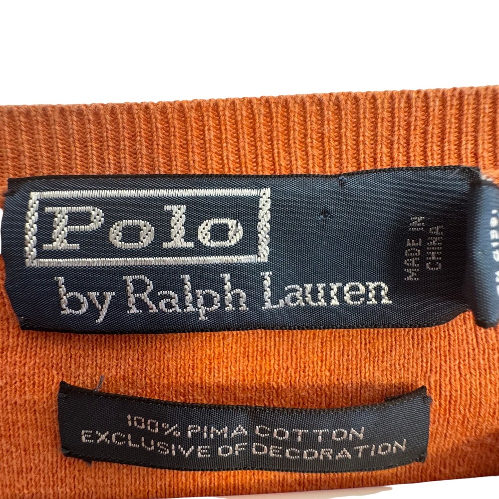 Polo Ralph Lauren Mens Large Orange V-Neck Sweater 100% Pima Cotton Pony Logo - Picture 3 of 6